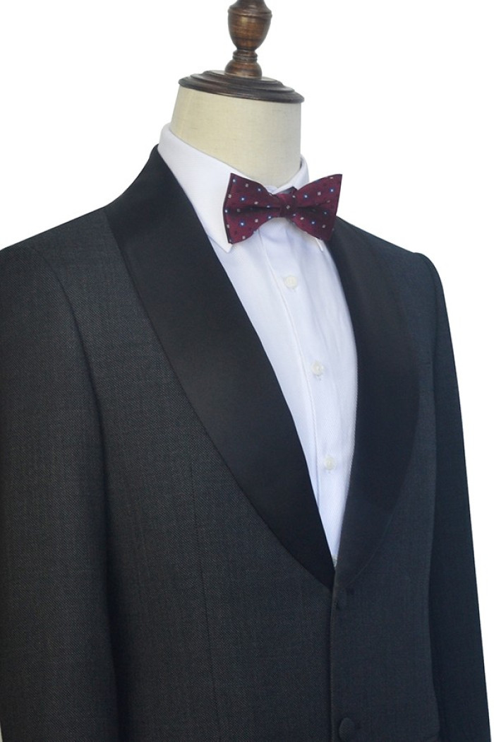 Classic Dark Grey Black Shawl Collar Wedding Tuxedos | Two Buttons Wedding Suits for Men