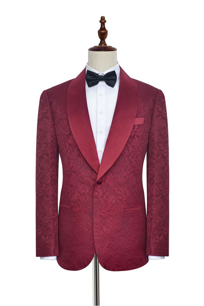 Luxury Burgundy Jacquard One Button Silk Shawl Lapel Mens Suits for Wedding and Prom