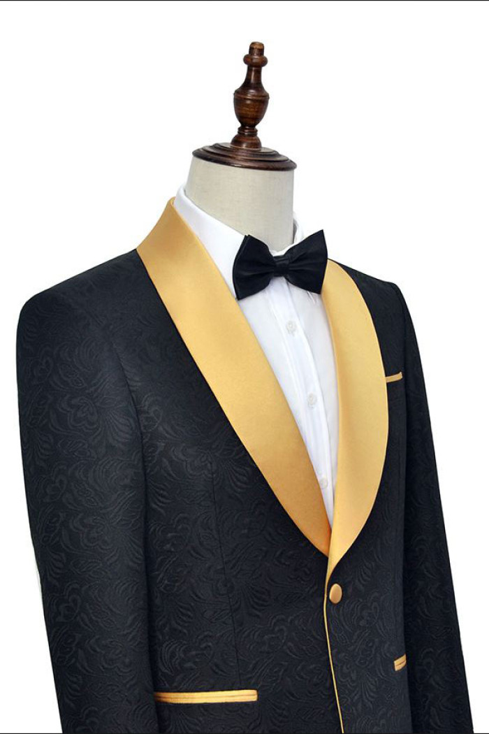 Gold Shawl Lapel One Button Wedding Tuxedo | Black Jacquard Prom Suits