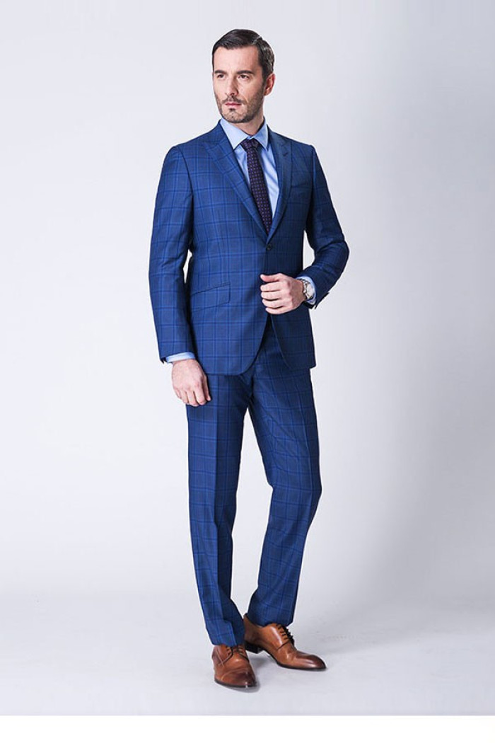 Peak Lapel Plaid Two Buttons Blue Luxury Mens Suits