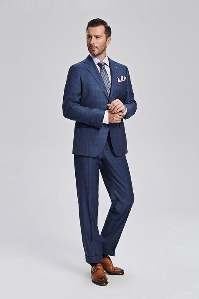 Fashionable Blue Plaid Mens Business Suits with Three Flap Pockets