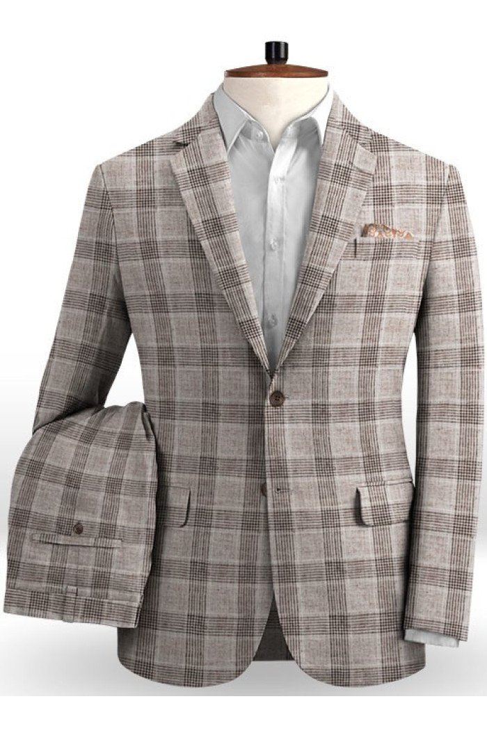 Khaki Linen Groom Bespoke Fashion Plaid Two Pieces Men Suits