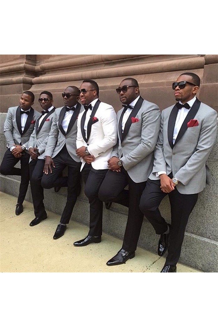 Aaron Gray One Button Close Fitting Wedding Groomsmen Suits with Black Lapel