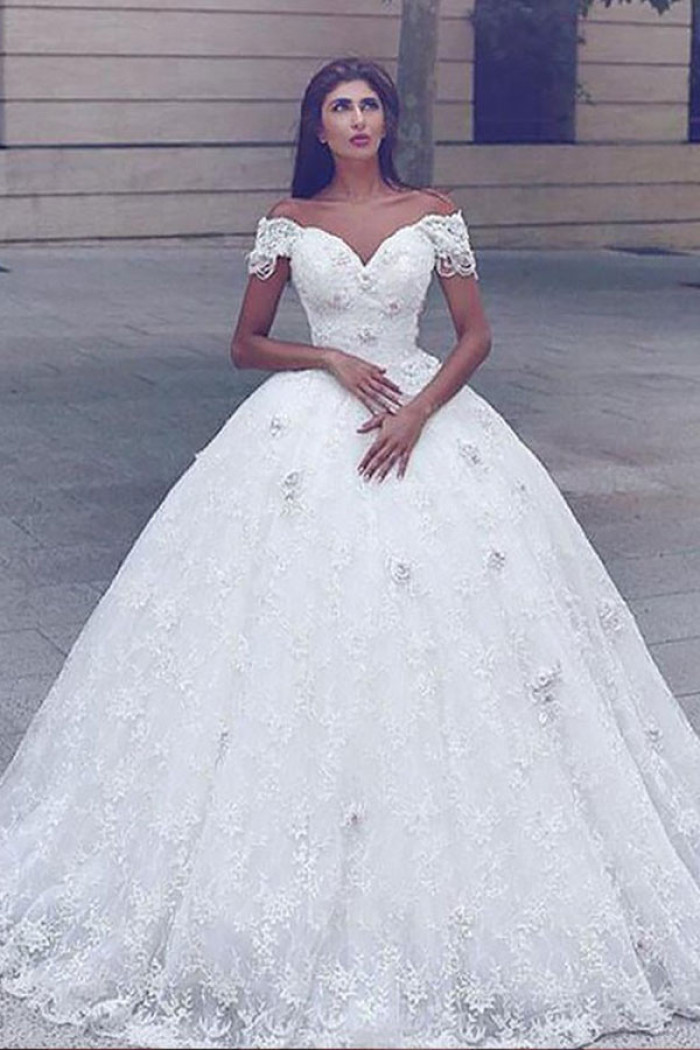 Elegant Lace Off-the-shoulder White Sweetheart Appliques Ball Gown Wedding Dresses Elegant Lace Off-the-shoulder White Sweetheart Appliques Ball Gown Wedding Dresses