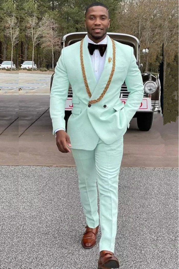 Mint Green Bespoke Shawl Lapel Double Breasted Wedding Suits with Appliques