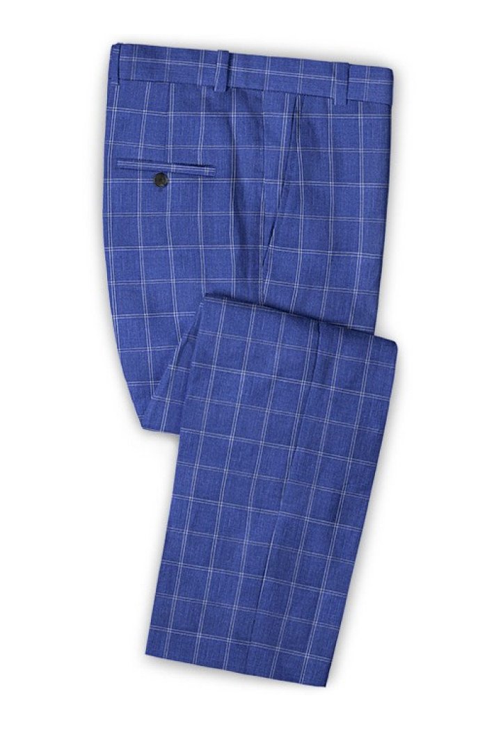 Misael Ocean Blue Grid Linen Men Suits | Notch Lapel Slim Fit Tuxedo