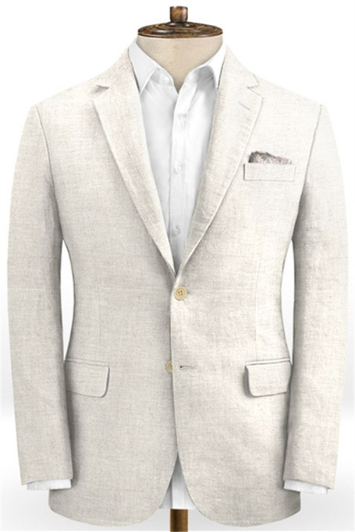 Xzavier Ivory Linen Wedding Groom Suits | Notched Lapel Two Pieces Tuxedo