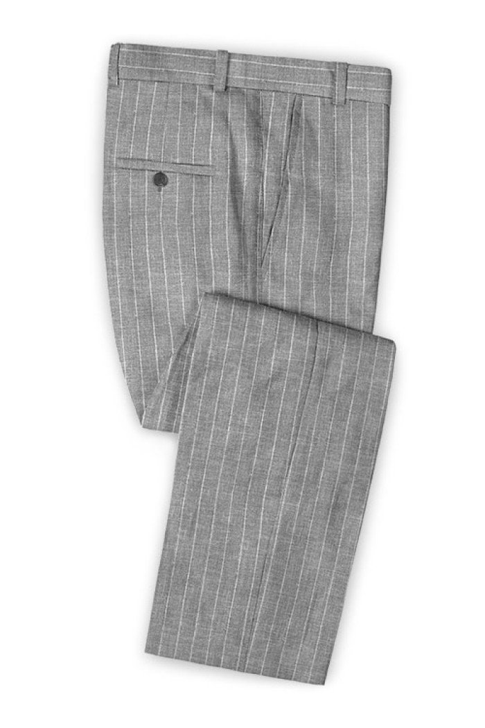 Gray Striped Linen Men Suits | Notched Lapel Tuxedo with Two Pieces