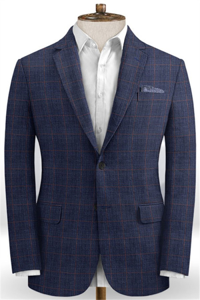 Blue Plaid Linen Tuxedo | Casual Two Pieces Slim Fit Men Suits