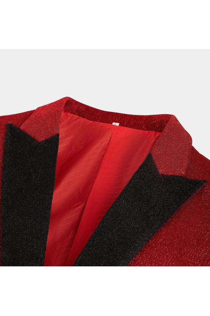 Stylish Red Glitter Peak Lapel Blazer Gael One Buttton Men Suit