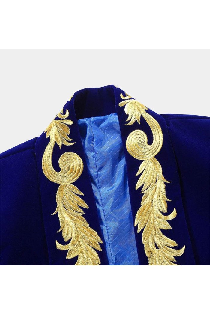 Stylish Royal Blue Blazer Gold Embroidered Lapel Velvet Jacket