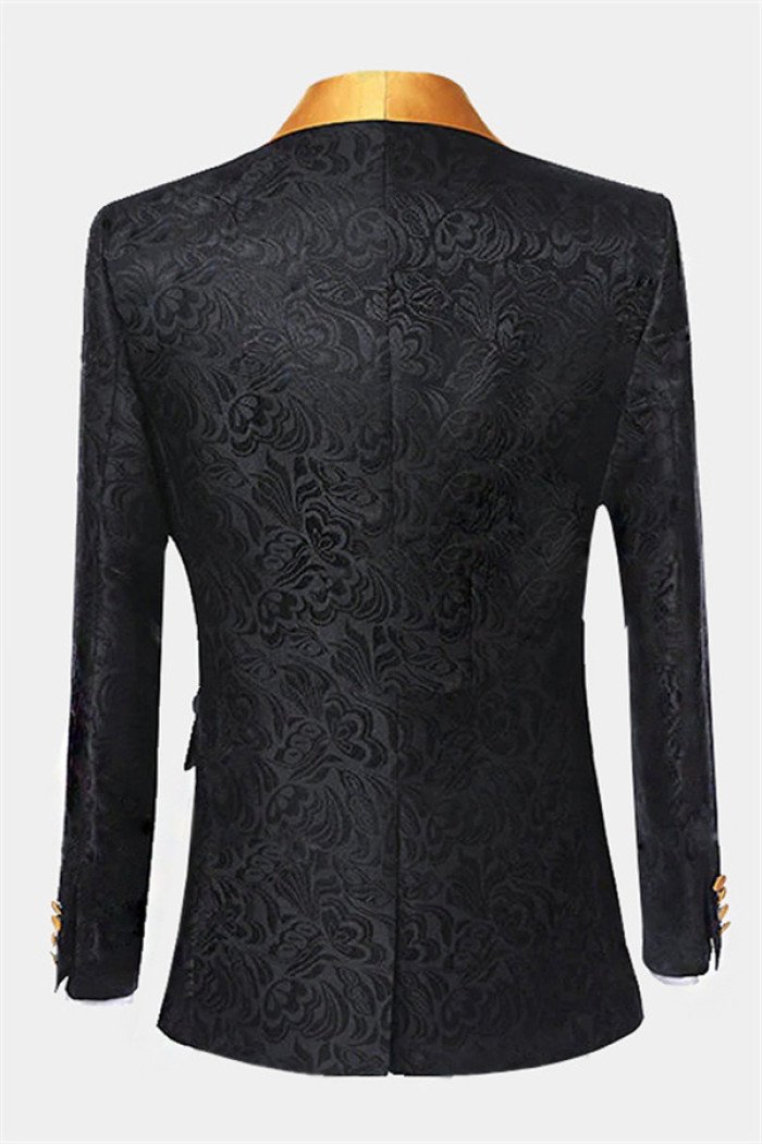 Modern Black Jacquard  Suit with Gold Shawl Lapel 3-Pieces Men Suits