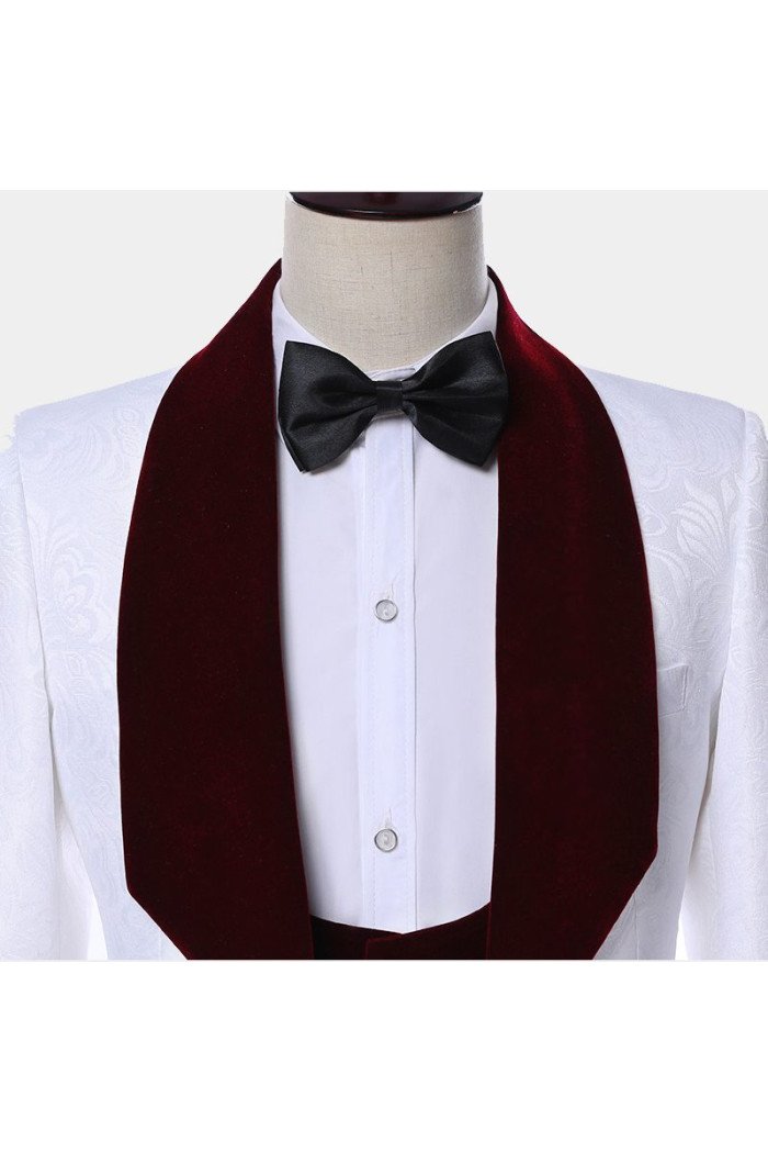 Modern White Jacquard Men Suits with Burgundy Lapel Floral  Suit