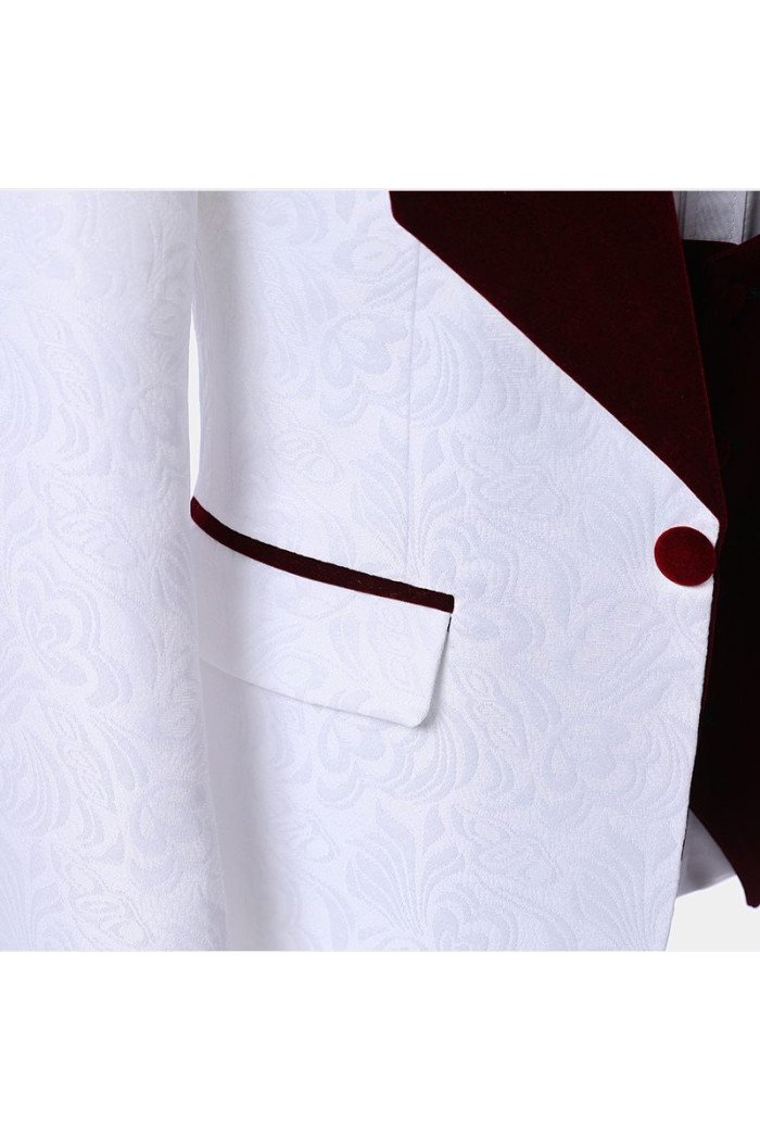 Modern White Jacquard Men Suits with Burgundy Lapel Floral  Suit