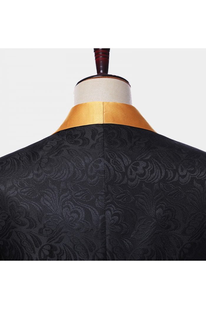 Modern Black Jacquard  Suit with Gold Shawl Lapel 3-Pieces Men Suits