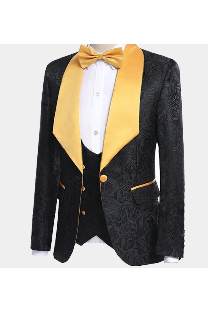 Modern Black Jacquard  Suit with Gold Shawl Lapel 3-Pieces Men Suits