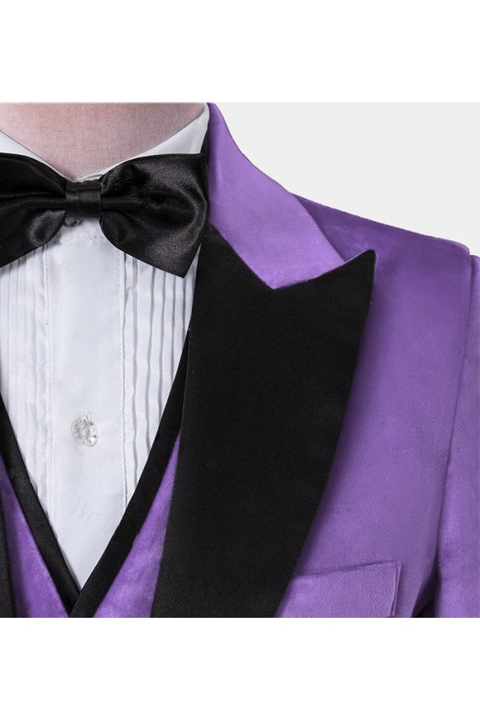 Stylish Iris Purple Velvet  Suit with Peak Lapel 3-Pieces Close Fitting Men Suits for Prom