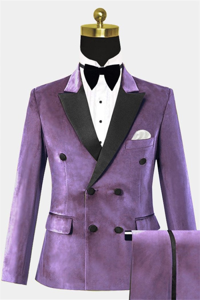 Fashion Lavender Velvet  Suit with Two Pieces Double Breasted Close Fitting Prom Suits 