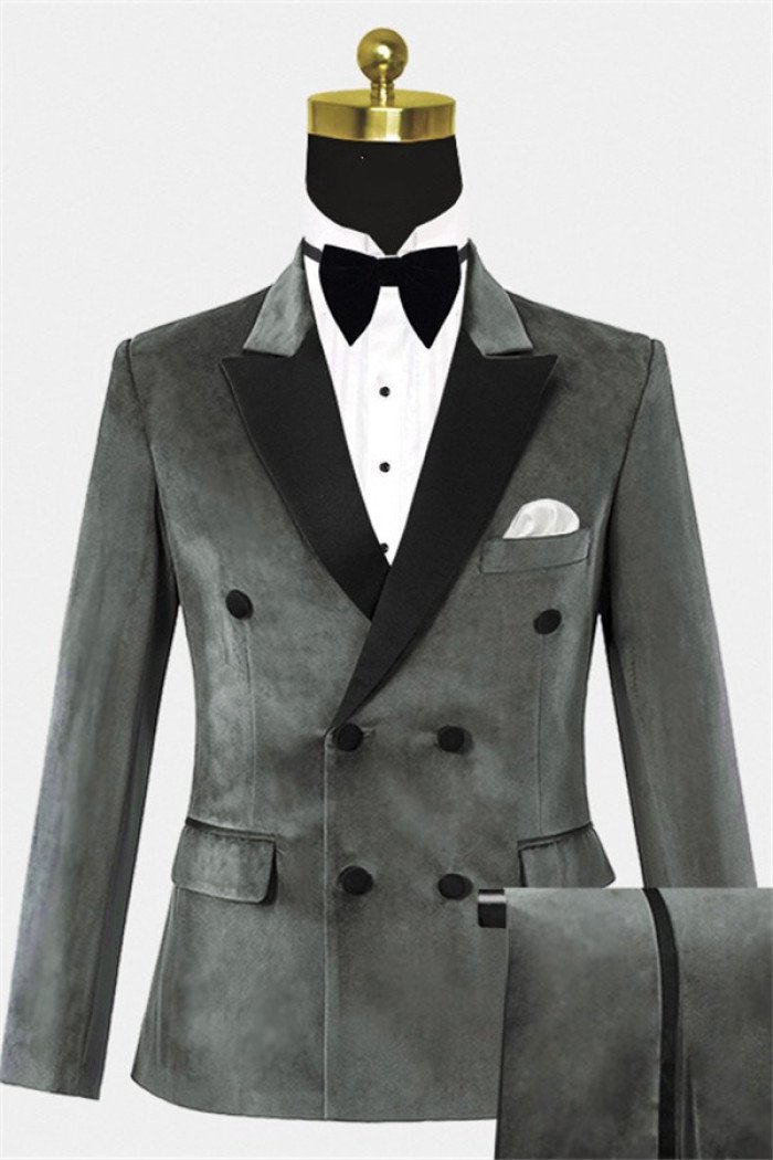 Fashion Grey Velvet Prom Suits Double Breasted Men Suits for Prom