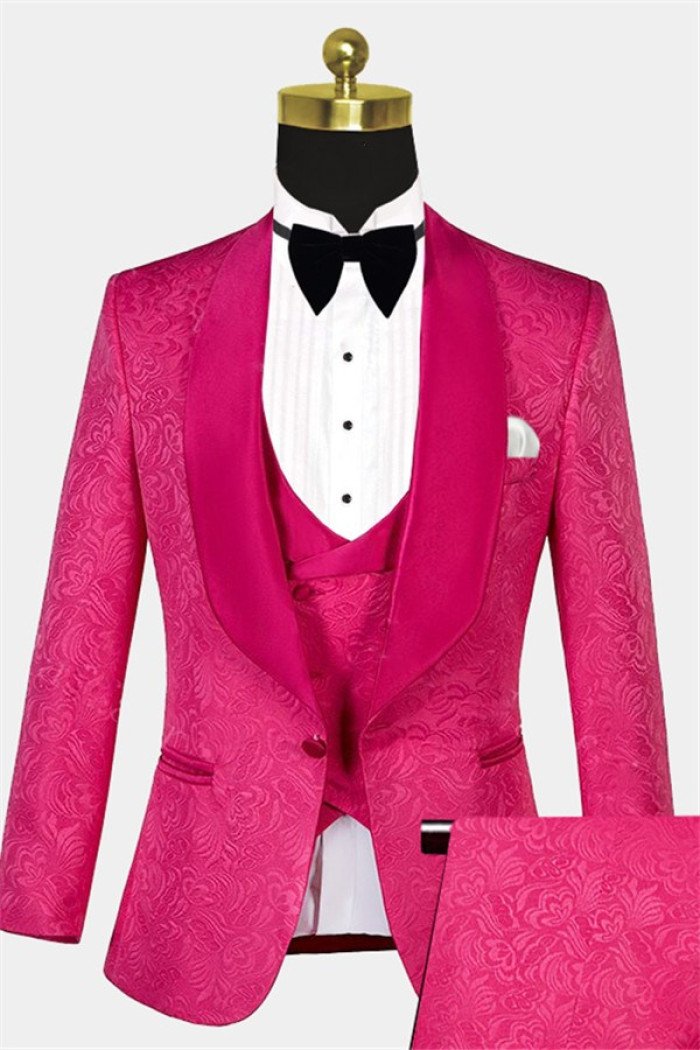 Stylish Floral Pink Jacquard Men Suits  Close Fitting Prom Suits with One Button