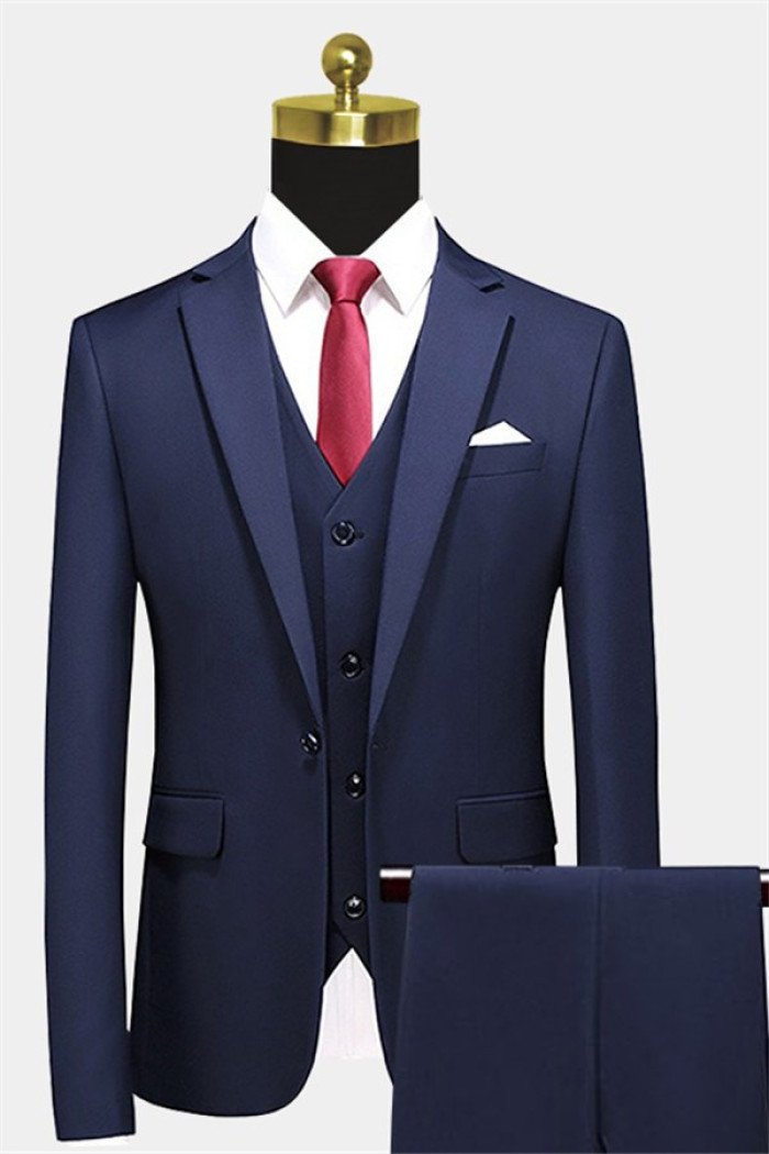 Fashion Navy Blue Formal Business  Suit Shiny Notched Lapel Prom Suits