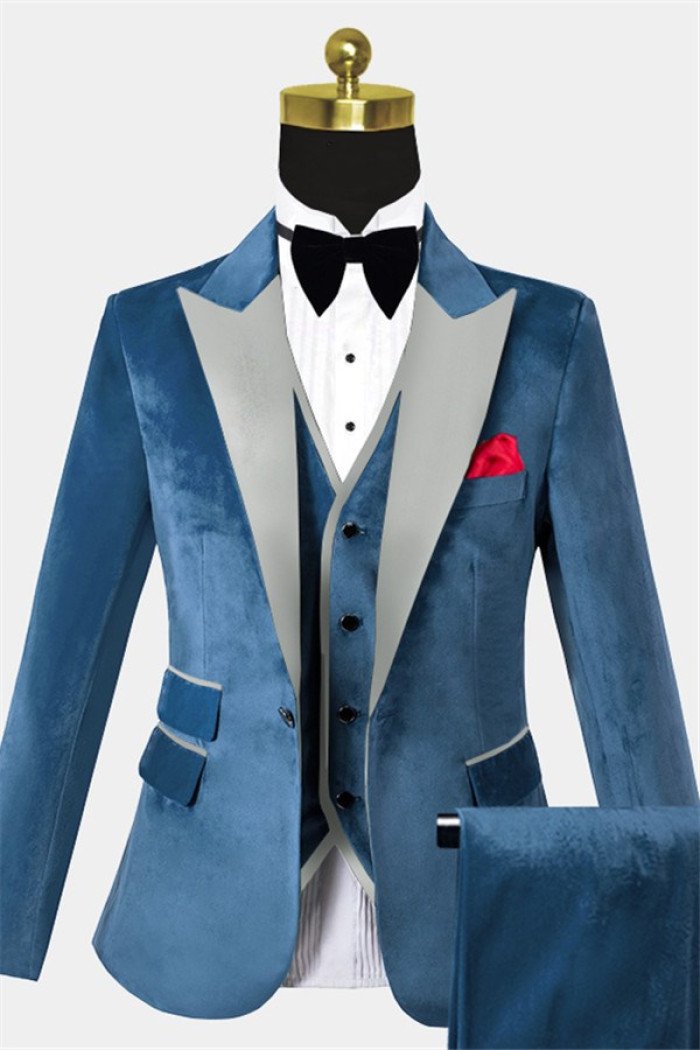 Stylish Cerulean Blue Velvet  Suit 3-Pieces Mens Skinny Fit Suits