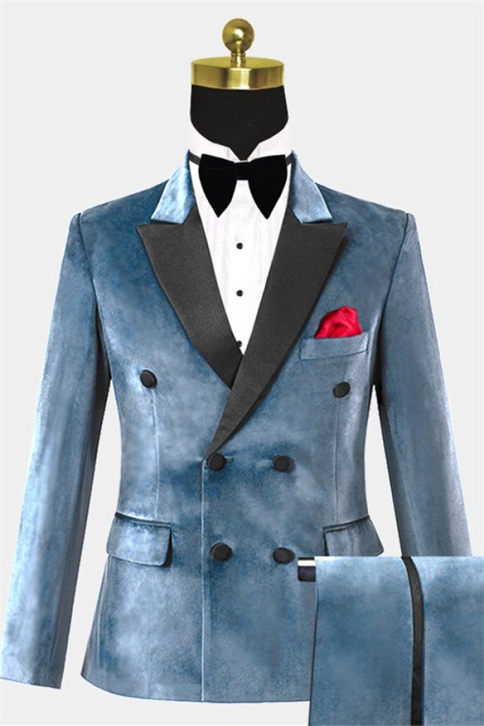 Stylish Steel Blue Velvet  Suit with Two Pieces Double Breasted Prom Suits 