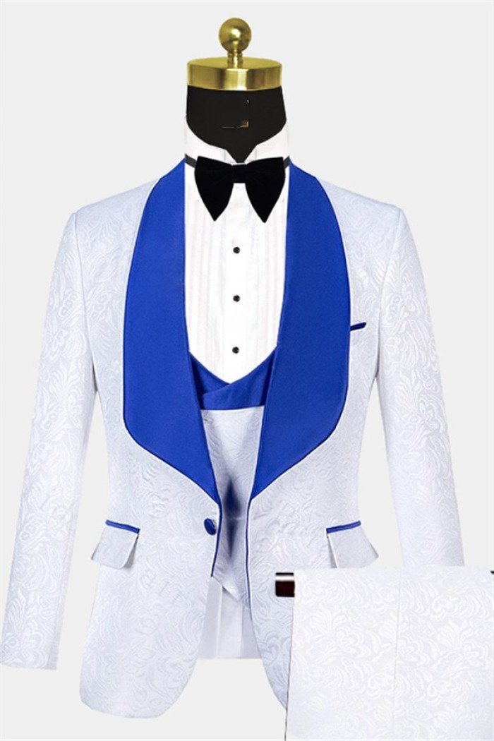 Stylish White Jacquard  Suit with Blue Shawl Lapel 3-Pieces Suits 