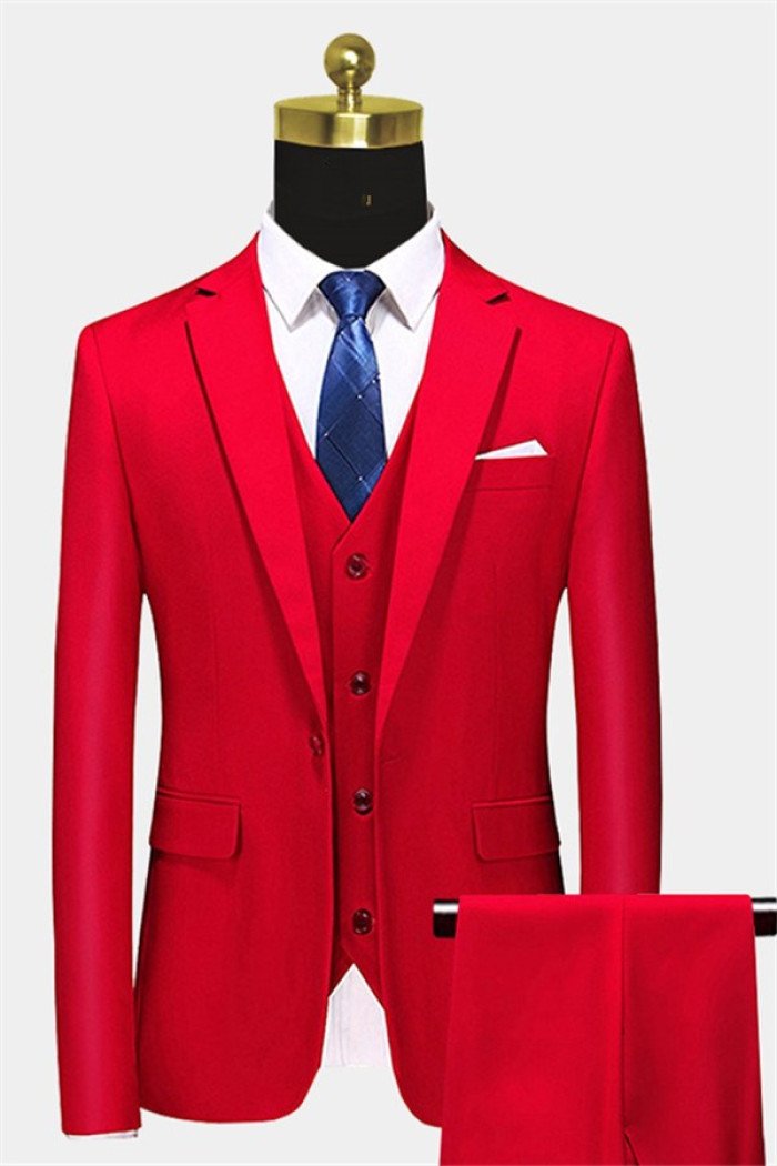 Fashion All Red Three Men Suits Peak Lapel Fit Suit