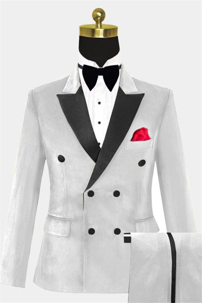 Fashion White Velvet Double Breasted  Suit Modern Four Buttons Close Fitting Suits