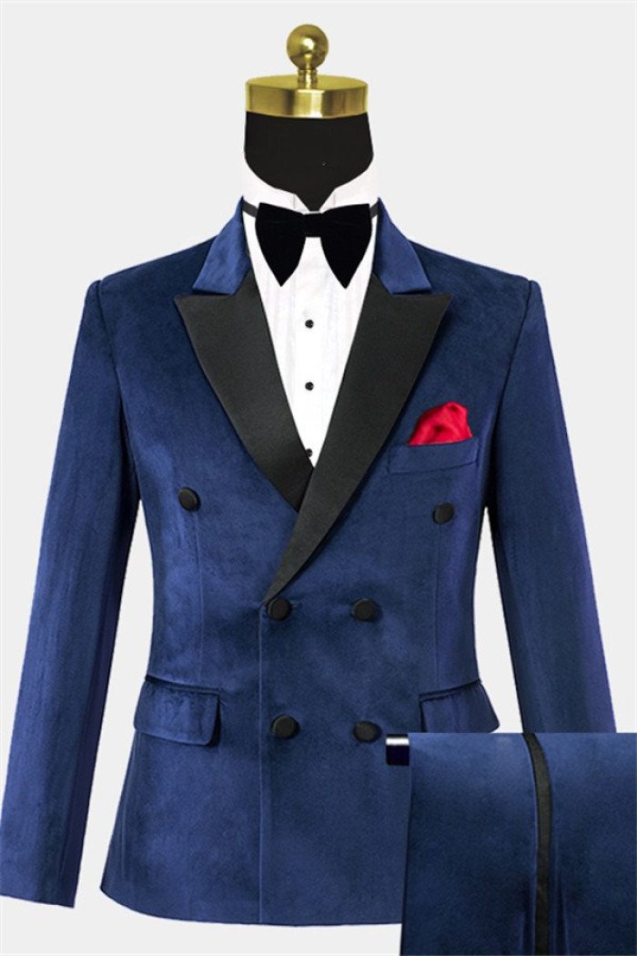 Fashion Navy Blue Double Breasted Velvet  Suit Two Piecs Bespoke Suits