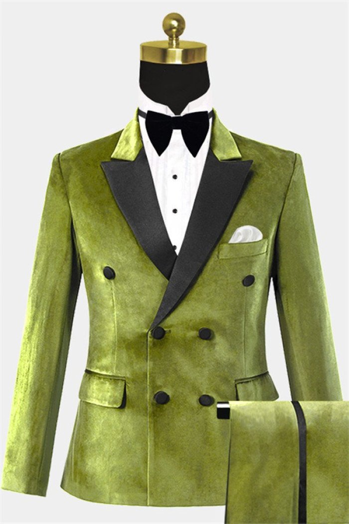 Fashion Olive Green Velvet  Suit with Two Pieces Modern Double Breasted Men Suits