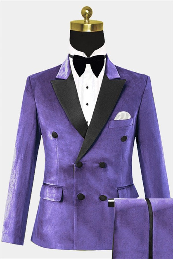 Fashion Purple Double Breasted Men Suits Velvet  Suit with two Pieces 