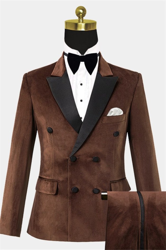 Stylish Double Breasted Brown Velvet  Suit Best Notched Lapel Suits