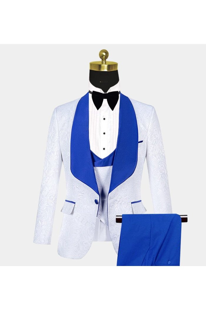 Stylish White Jacquard  Suit with Blue Shawl Lapel 3-Pieces Suits 