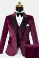 Stylish Burgundy Velvet 3-Pieces  Suit Peak Lapel Prom Suits