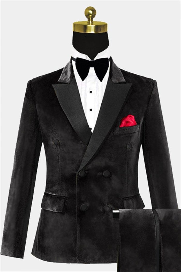 Stylish Double Breasted Velvet  Suit| Black Peak Lapel Men Suits