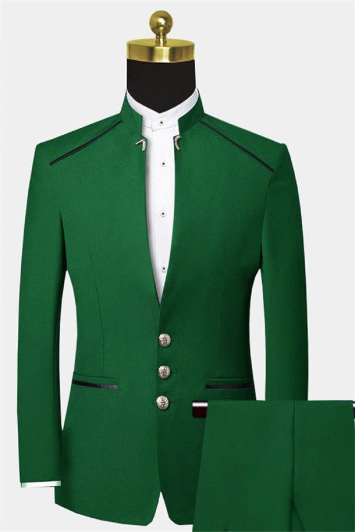 Stylish Green Two Pieces Men Suits Mandarin Collar Three Buttons Prom  Suit