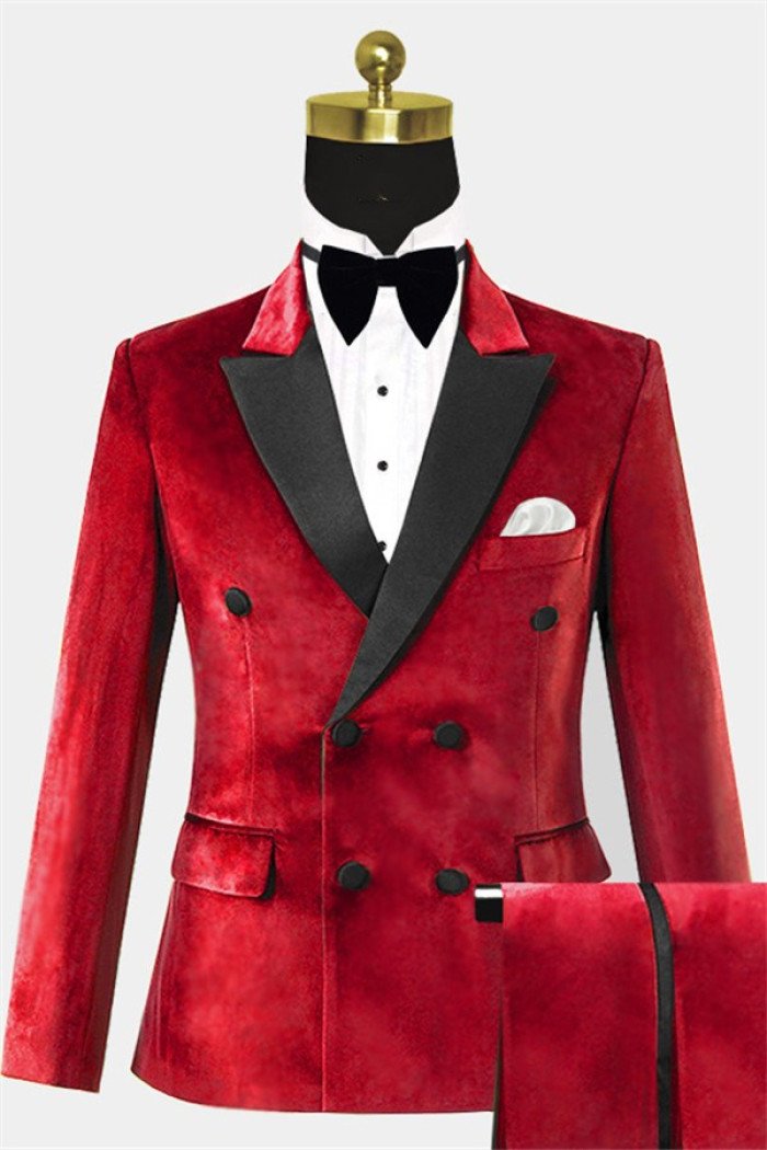 Fashion Double Breasted Red Velvet  Suit Two Pieces Prom Suits