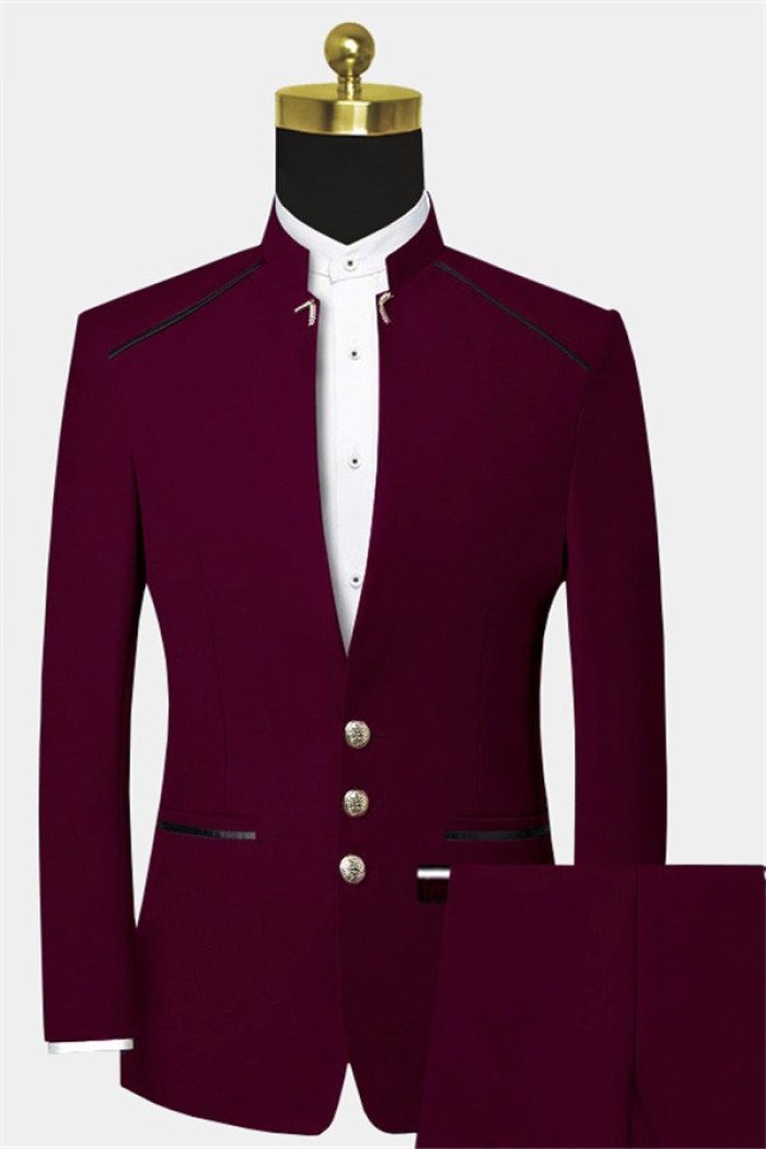 Stylish Burgundy Mandarin Collar Suit Two Pieces Men Prom Suits