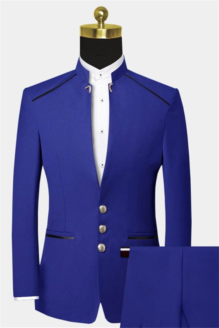 Stylish Business Blue Mandarin Collar Suits Bespoke Two Pieces Prom Suits