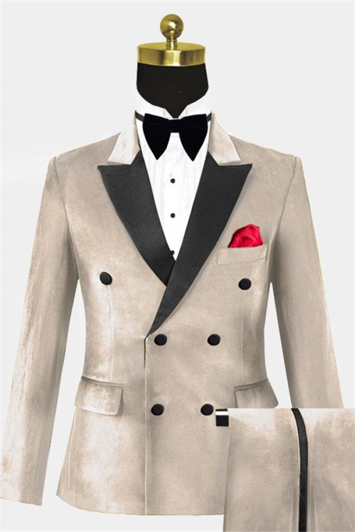 Stylish Beige Velvet Close Fitting  Suit Double Beasted Prom Suits 