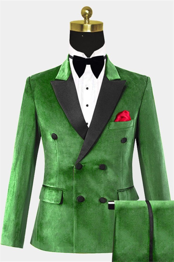 Fashion Two Pieces Green Velvet  Suit Double Breasted Men Suits