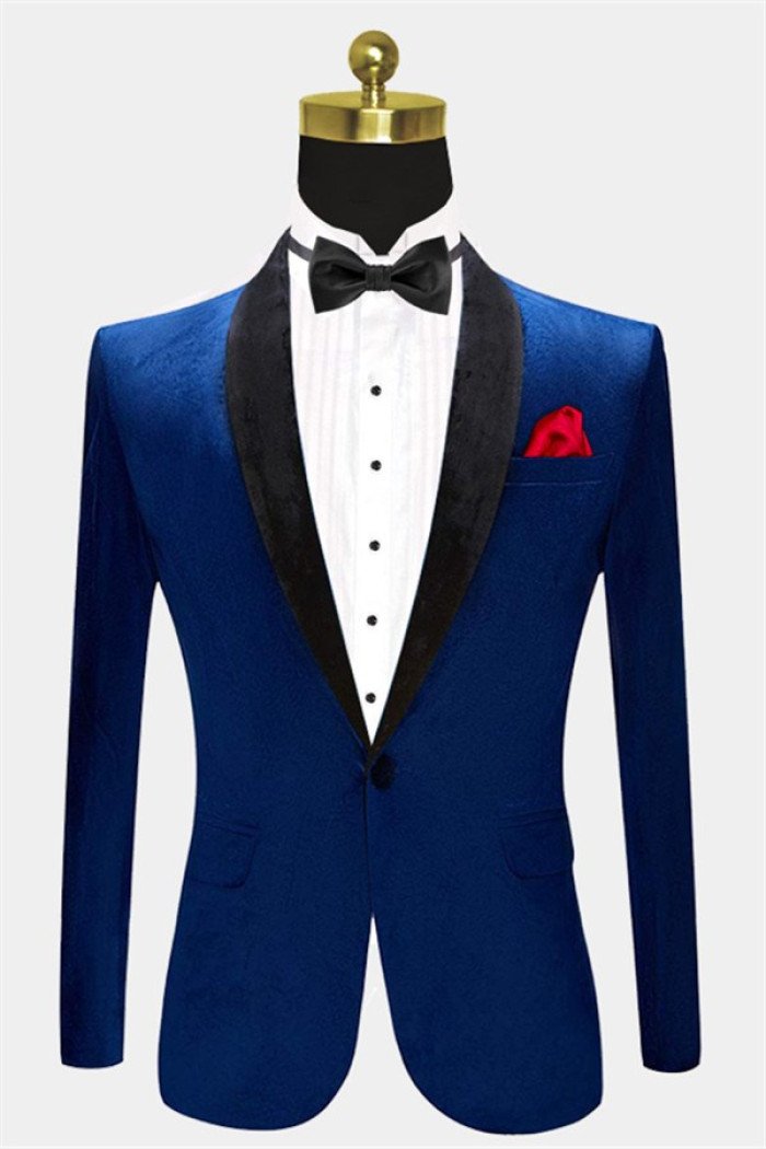 Stylish Blue Velvet Blazer One Piece Shawl Lapel  Suit