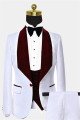 Modern White Jacquard Men Suits with Burgundy Lapel Floral  Suit