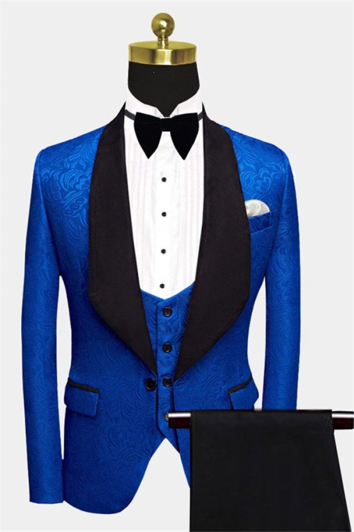 Modern Royal Blue Floral Jacquard Men Suits Close Fitting Suit 