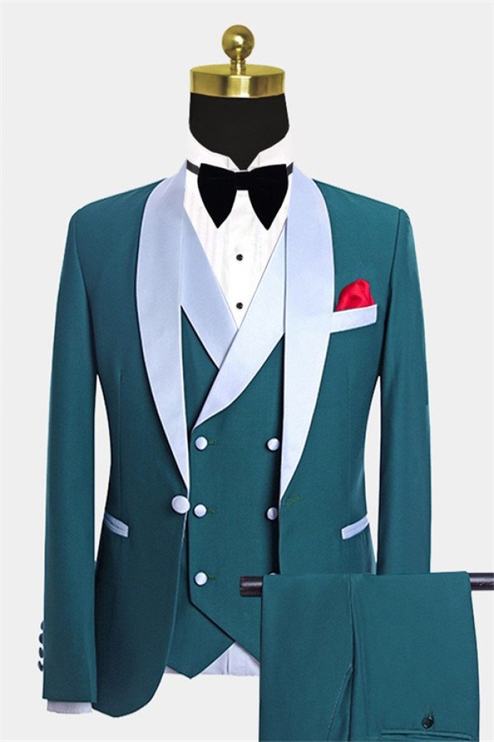 Modern Teal Blue  Suit with Light-colored Trim Formal Business Men Suits