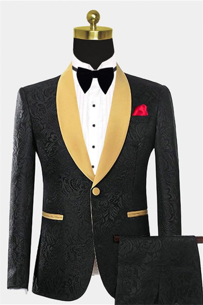 Modern Black Two Pieces Prom Suits Jacquard  Suit with One Button