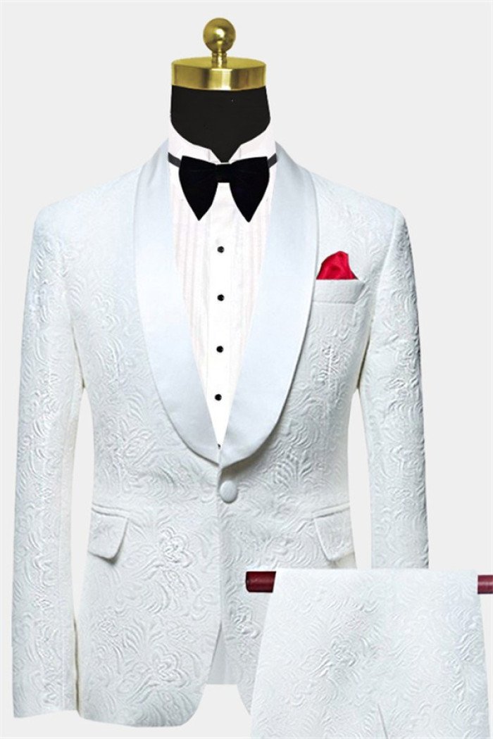 Modern White Jacquard Wedding Men Suits Elegant Two Piece Shawl Lapel Groom Suits