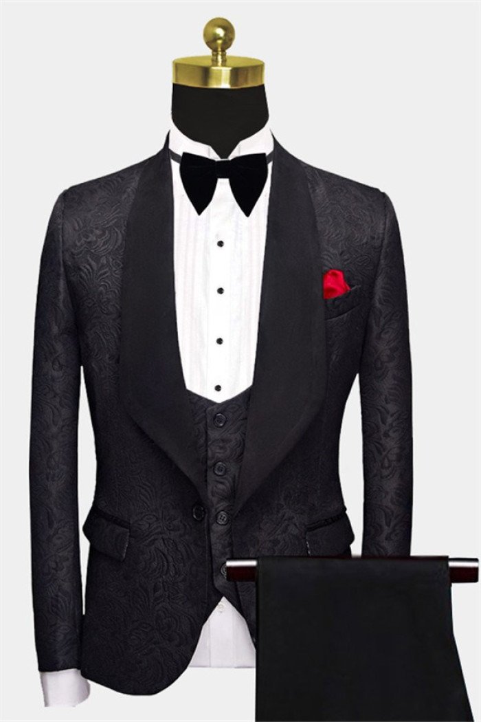Modern Business Black Men Suits Formal 3-Pieces Jacquard Wedding Suits